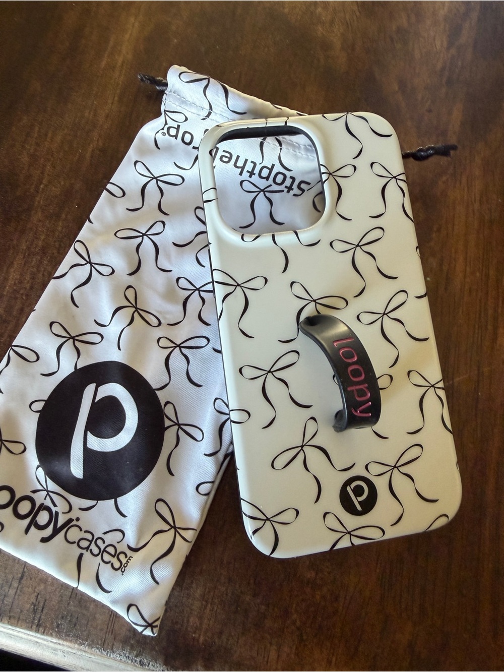 iPhone 13 PRO Loopy Case White Phone Case with Black Bow Pattern and Black Loop